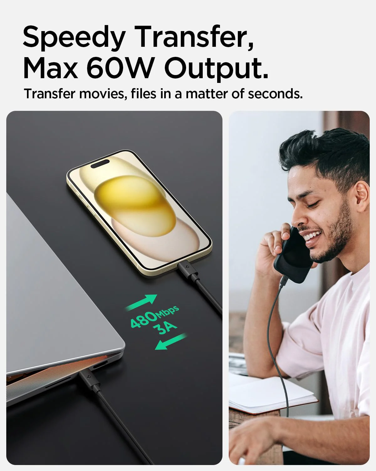 60W 480Mbps USB-C to USB-C Fast Charging Type-C Cable USB 2.0 Galaxy S23 / OnePlus/MacBook/iPad Pro Air/Pixel/All USB-C Devices (2m) - Black - Image 3