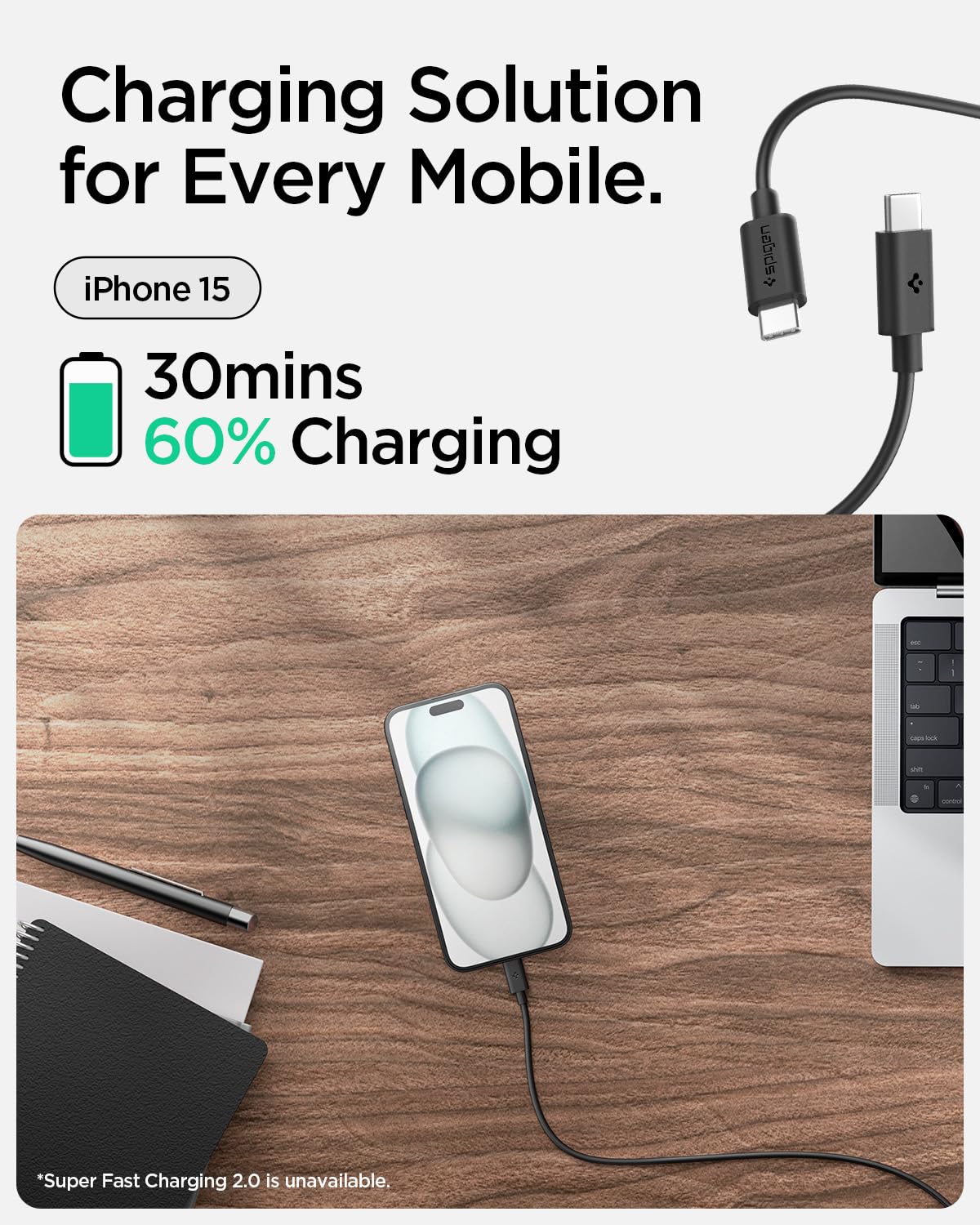 60W 480Mbps USB-C to USB-C Fast Charging Type-C Cable USB 2.0 Galaxy S23 / OnePlus/MacBook/iPad Pro Air/Pixel/All USB-C Devices (2m) - Black - Image 6